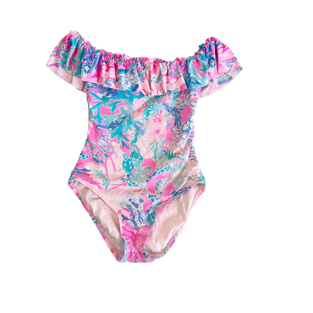 Lilly Pulitzer Fiesta Ruffle One Piece Swimsuit Pink Blue Tropical Floral Size 2
